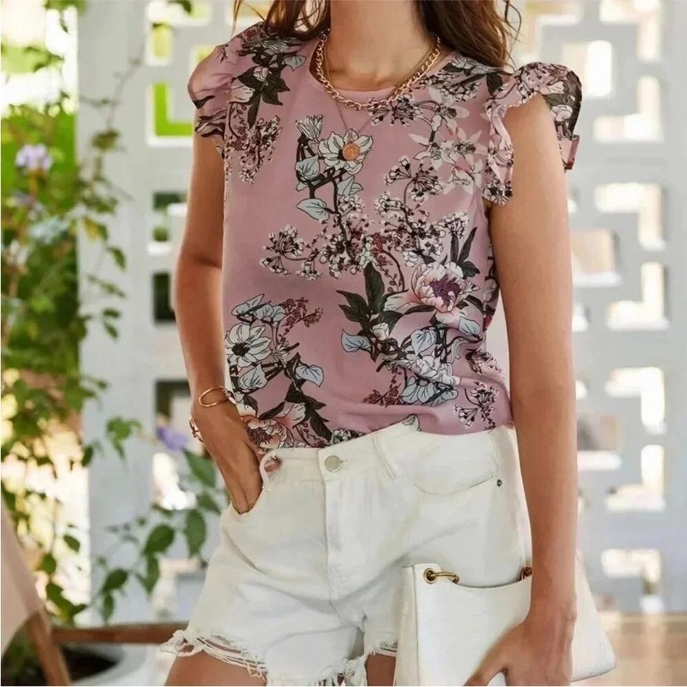 SHEIN Floral Mauve Ruffle Sleeve Blouse